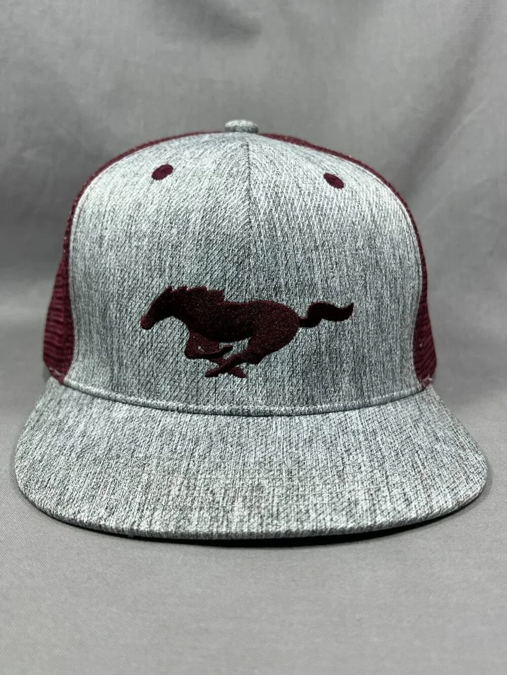 Ford Mustang Trucker Hat Snapback Gray Burgundy Horse Pony Motorsports Adult Cap